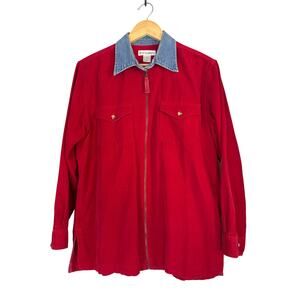 Vintage Corduroy Zip Up Shirt Shacket 90s Red Women Large Preppy Academia Cotton